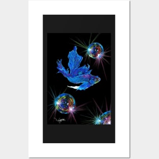 Siamese Fighting Fish and Colorful Shiny Bubbles Posters and Art